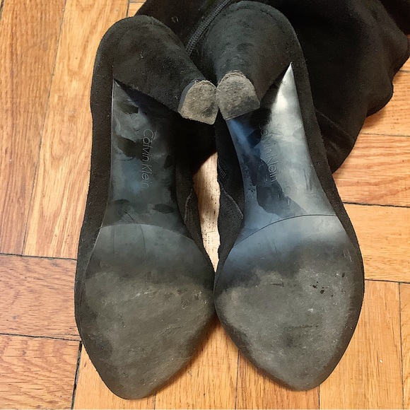 CALVIN KLEIN High Knees Black Suede Heeled Boots - Picture 6 of 9